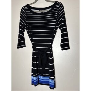 WHBM women black Blue Stripe print  knee length stretch dress size Xs Soft